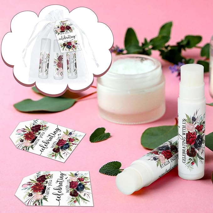Dunzy 50 Pack Bridal Shower Favors Gifts Bulk Burgundy Floral Lip Balms Party Supplies Wedding Party Favors Bachelorette Prizes Souvenirs Thank You Appreciation Gifts for Guests Women Coworker Staff-Velvo Beauty