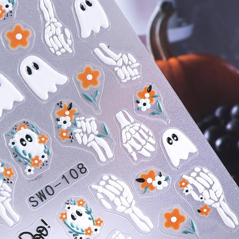 4 Sheets Halloween Nail Stickers for Nail Art Scary Black Cat Mummy Spider Web Nail Art Stickers 5D Spider Pumpkin Nail Decals Self-Adhesive Ghost Skeleton Nail Supplies for Women Nails Decoration-Velvo Beauty