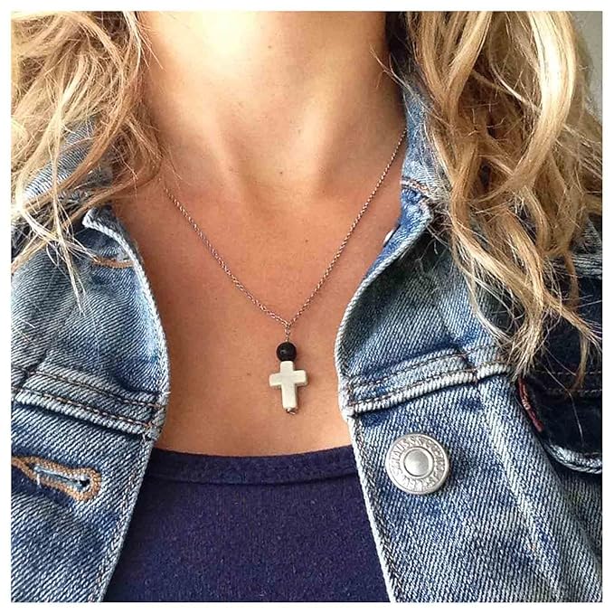 Boho Cross Pendant Necklace Black Lava Bead Choker Necklace Silver Chain Necklace Minimalist Everyday Necklace Jewelry for Women and Girls-Velvo Beauty