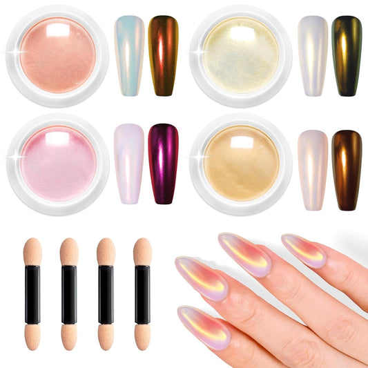 White Chrome Nail Powder: 4Pcs Iridescent Aurora Mermaid Pearl Chrome Powder Pearl Dust Kit for Gel for Gel Nails Art Decoration-Velvo Beauty