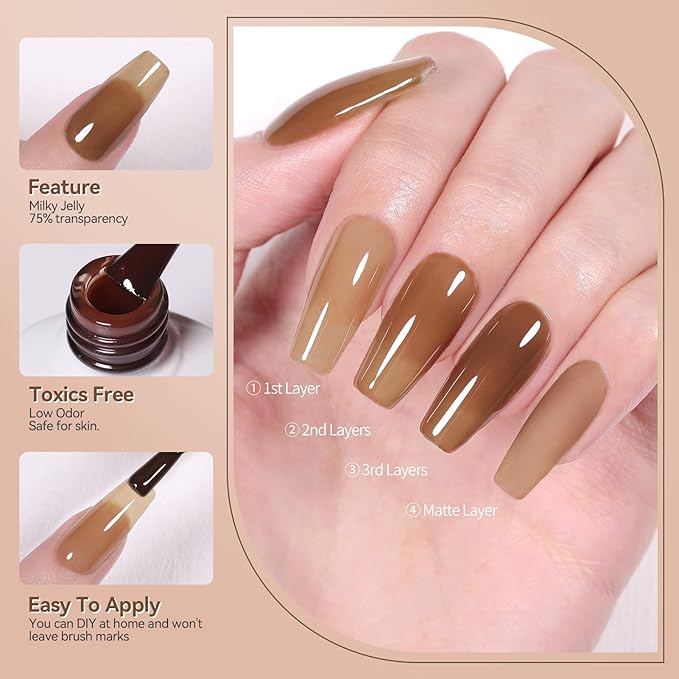 Born Pretty Jelly Gel Nail Polish Milky Jelly Translucent Gel Polish Sheer Red Purple Brown Grey Green Nail Art Varnish Manicure 6PCS-Velvo Beauty