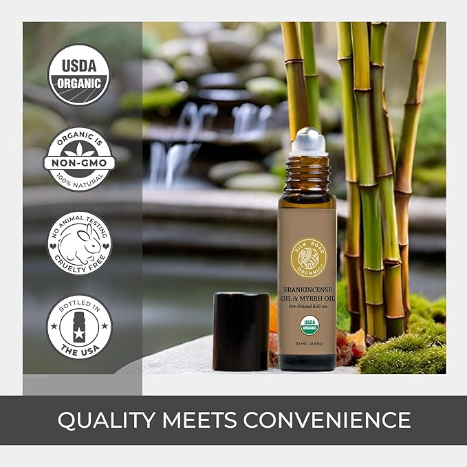 Silk Road Organic Frankincense Oil & Myrrh Essential Oil Roll On, 100% Pure USDA Certified Aromatherapy for Body Aches, Stiffness & Tingling, Stress Relief, & Skin - 10 ml Roller-Velvo Beauty