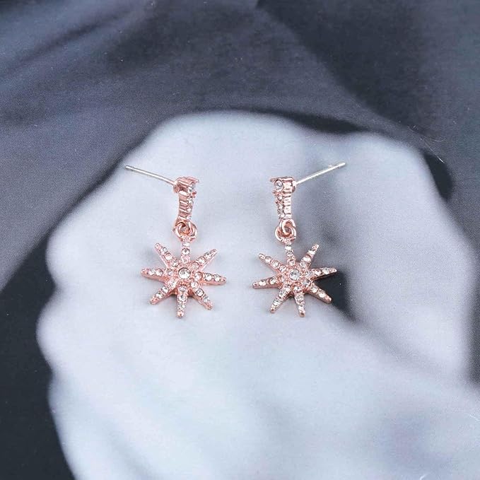 Boho Crystal Sunburst Earrings Rose Gold Star Drop Stud Earrings Cz Paved Starbust Earrings Celestial Earrings Jewelry for Women and Girls-Velvo Beauty