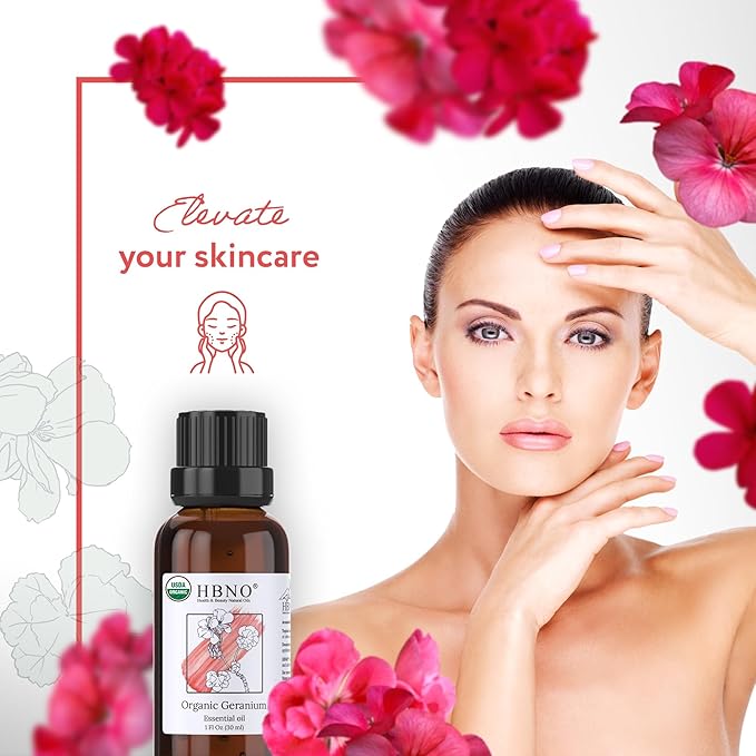 HBNO Organic Geranium Essential Oil - 1 oz (30ml) - USDA Certified Organic Geranium Essential Oil for Aromatherapy, Soap Making, DIY, Fragrances, Diffuser.-Velvo Beauty