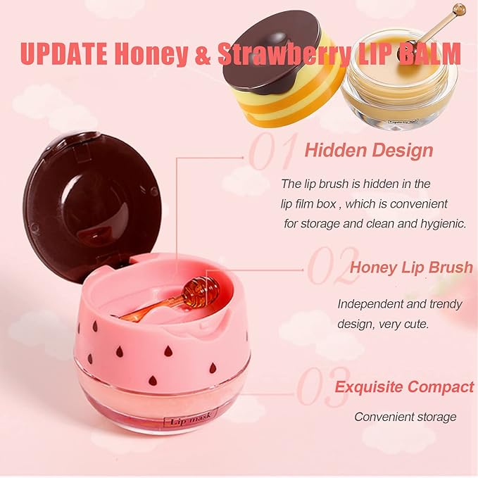 4 Pack Strawberry Lip Mask Bee Lip Balm Strawberry Pot Propolis Moisturizing Hydrating Lip Sleeping Mask Prevention Dry and Cracked Lip Scrubs Exfoliator (4-Strawberry)-Velvo Beauty