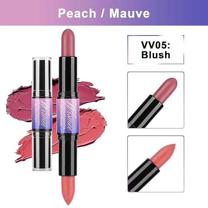 Dual-Ended Cream Blush Stick,Cream Blush Makeup Stick,Buildable Blush Stick for Cheeks Long Wearing,Easy Application,Lightweight Multi Stick,Plum & Peach-Velvo Beauty