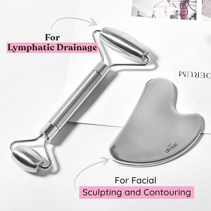 Stainless Steel Face Roller - Premium Gua Sha Facial Tools Stainless Steel GuaSha Tool and Face Roller Set - Gua Sha Stainless Steel Gua Sha Tool - Metal Face Roller and Gua Shua Set - Spa Gifts-Velvo Beauty