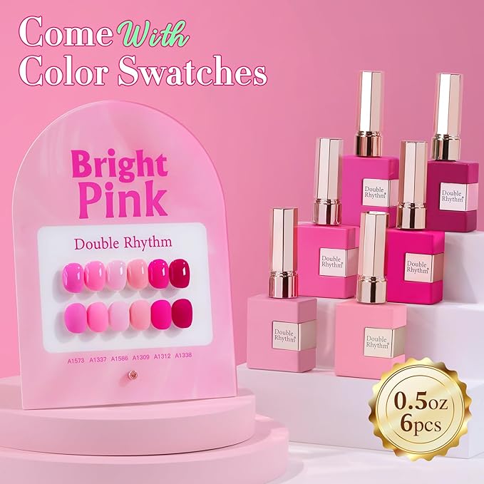 Double Rhythm 6 Pcs 15 ML Gel Polish Set Same Color Same Bottle Soak Off Gel Polish Kit Nail Art Manicure Salon DIY at Home for Women (Bright Neon Light Pink Purple-T6-13)-Velvo Beauty