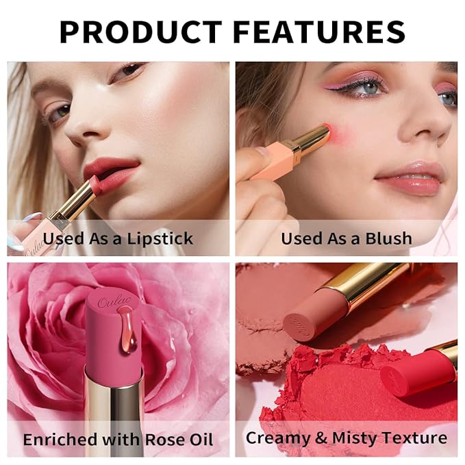 Oulac Nude Matte Lipstick for Women, Lipstick & Blush Duo, Peach Creamy Soft Satin Finish Lipsticks, Moisturising Formula, Rich Color Lightweight Lip Balm, Rose Oil, Vegan & Cruelty-Free| 3.6g (Y08)-Velvo Beauty