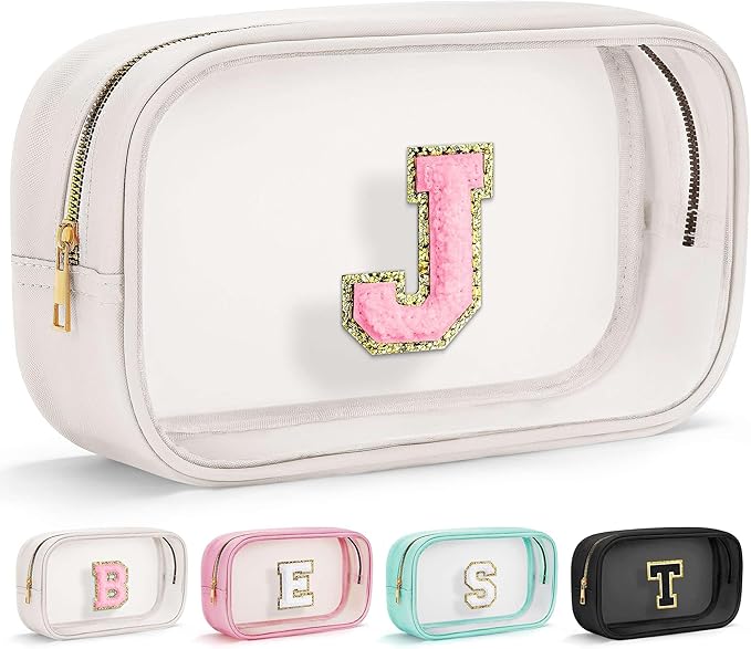YOOLIFE Initial Make Up Bag Travel Toiletry Bag, Clear Makeup Bag Preppy Cosmetic Bags Organizer Travel Essentials Gifts for Women Teen Girlfriend Teacher Mom Brithday Mothers Day Gifts, Large, White-Velvo Beauty