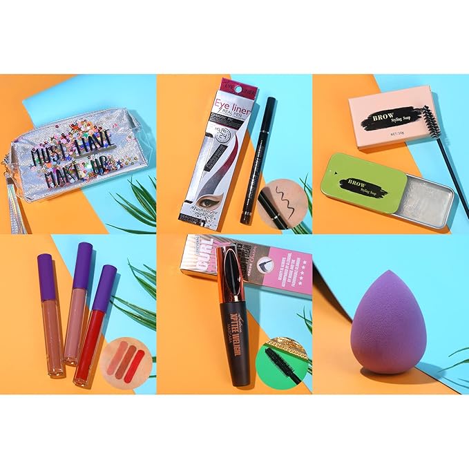 All in One Makeup Set For Women Full Kit - 12 Colors Nude Eyeshadow Palette, Waterproof Black Mascara Eyeliner Pen, 3pcs Matte Liquid Lipstick Set, Eyebrow Soap Gel Kit, 12 pcs Brushes Set Makeup Sponge with Makeup Bag Gift Set-Velvo Beauty