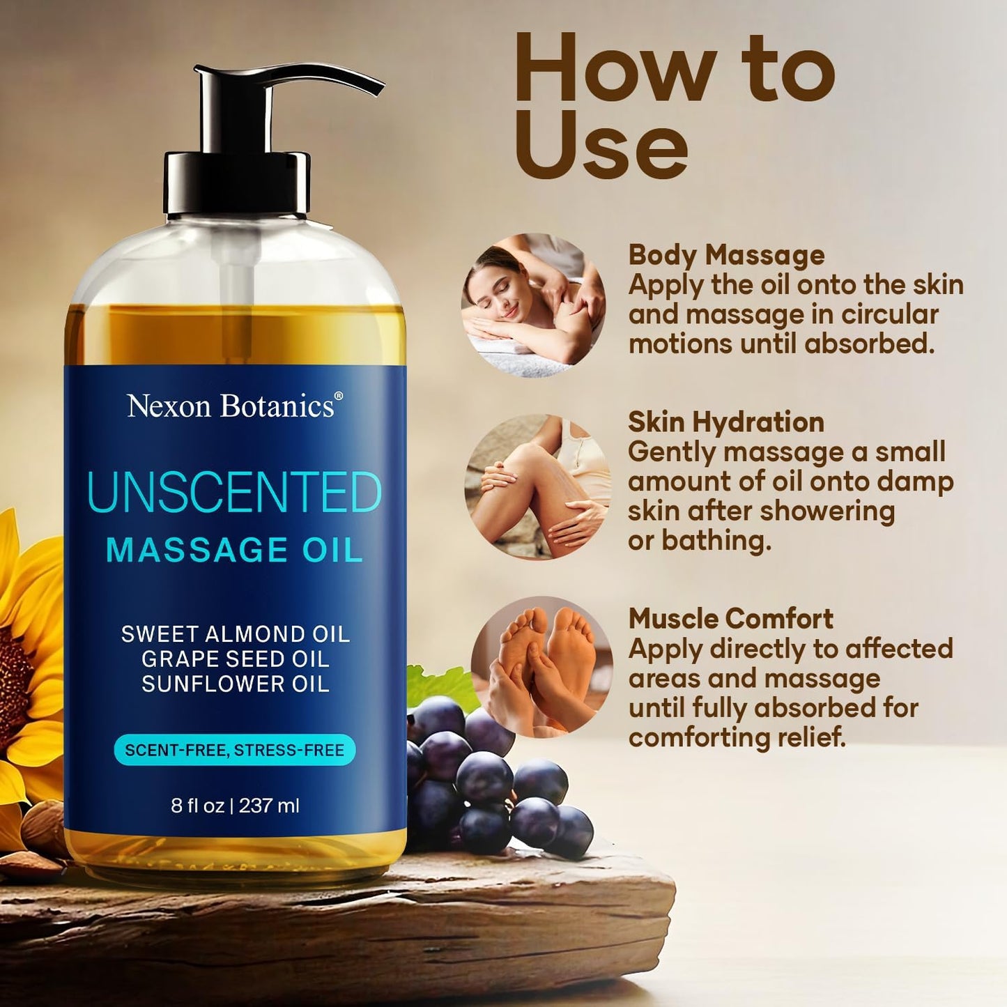 Unscented Massage Oil for Massage Therapy 8 fl oz - Refreshing and Relaxing - Natural Oils with Sweet Almond, Grape Seed and Sunflower Oil - for Men and Women - Nexon Botanics-Velvo Beauty