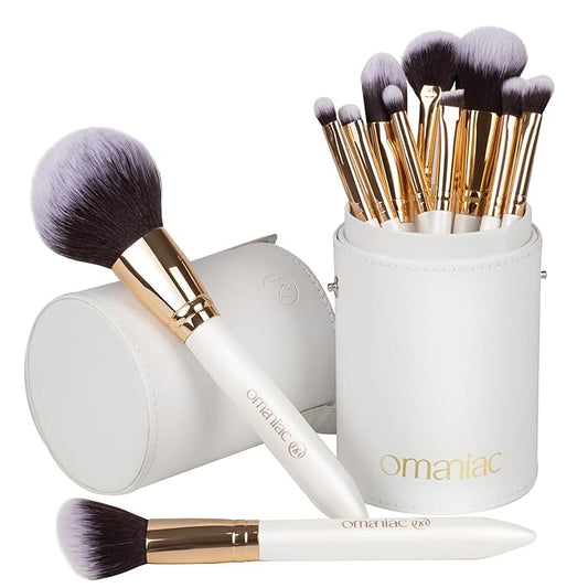 OMANIAC Makeup Brush Set Professional, 12 Pearlescent Wood Handle Makeup Brushes, Premium Cruelty-Free Synthetic Fiber Hair, Travel Make up Brushes Set with Case (White).-Velvo Beauty