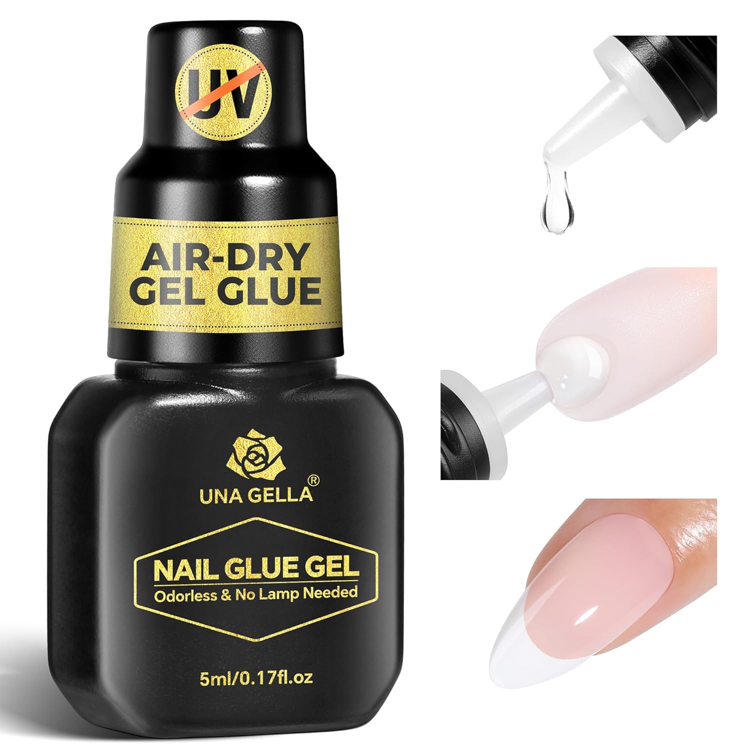 UNA GELLA Super Strong Gel Nail Glue for Press Ons: No U V Lamp Needed Glue Gel, Travel-Size 5ml Nail Adhesive for Press on Nails, Nail Tips&Acrylic Nails-Quick Dry, No Smell, Long-Lasting-Velvo Beauty