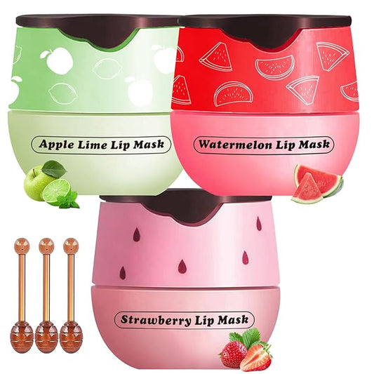 Honey Lip Balm Pot, 3 Pcs Strawberry & Apple & Watermelon Lip Mask Propolis Lip Mask Moisturizing Hydrating Prevention Dry and Cracked Lip Scrubs Exfoliator-Velvo Beauty