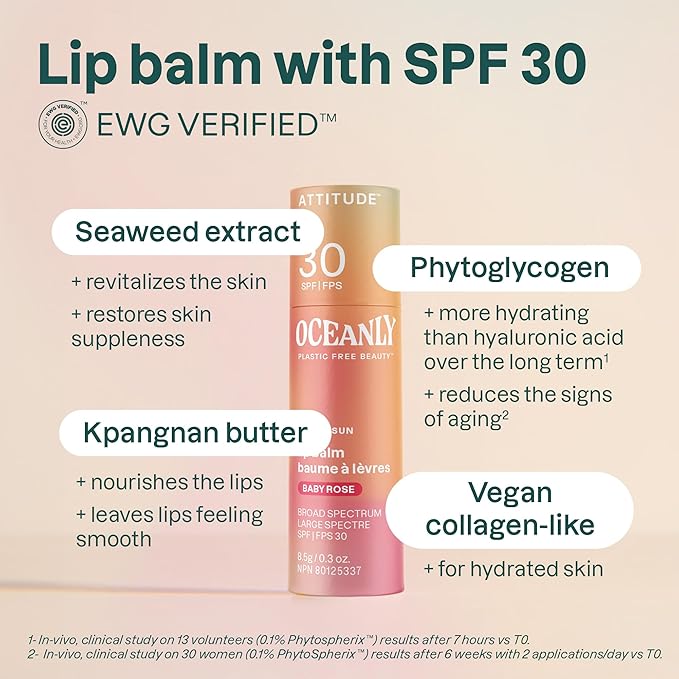 ATTITUDE Oceanly Tinted Lip Balm with SPF 30, EWG Verified, Plastic-Free, Broad Spectrum UVA/UVB Protection with Zinc Oxide, Vegan, Unscented, Baby Rose, 0.3 Ounce-Velvo Beauty