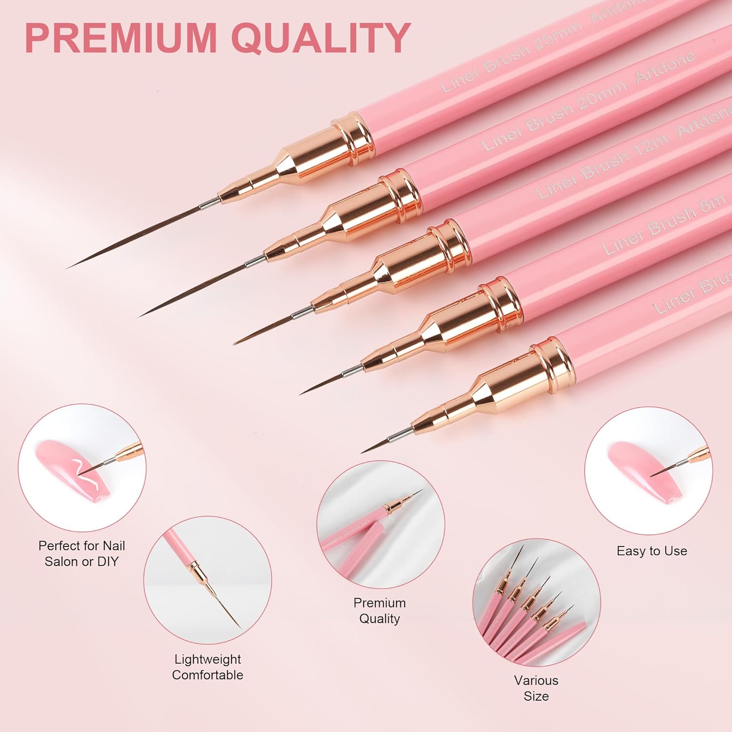 Artdone Metallic Nail Art Pens, Liner Brushes Set, 5PCS Pink Color Nail Tools For Long Lines, Thin Details, Fine Drawing, Liner Brush UV Gel Polish Painting Nail Design Sizes 5/8/12/20/25mm-Velvo Beauty