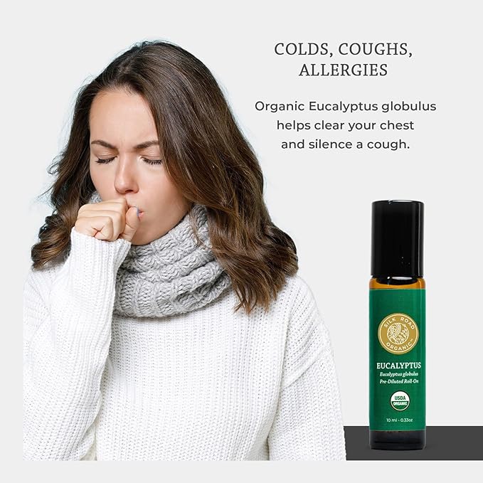 Silk Road Organic Eucalyptus Essential Oil Roll On, 100% Pure USDA Certified - Respiratory Health, Colds, Cough, Sinus & Allergy Congestion - 10 ml Roller - Always Pure, Always Organic-Velvo Beauty