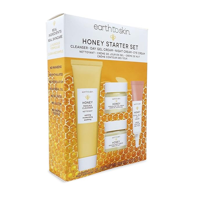 Earth To Skin Facial Care Starter Set: Manuka Honey Cleanser (1.0 Fl Oz), Day Gel Cream (0.5 Fl Oz), Night Cream (0.5 Fl Oz), and Royel Jelly Eye Cream (0.23 Fl Oz)-Velvo Beauty