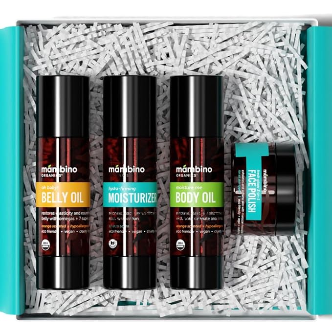 Second Trimester Set – All Natural Skincare Pregancy Gift Box – Anti-stretch mark Belly Oil, Moisturizing Body Oil, Face Polish, Face Moisturizer - Mambino Organics-Velvo Beauty