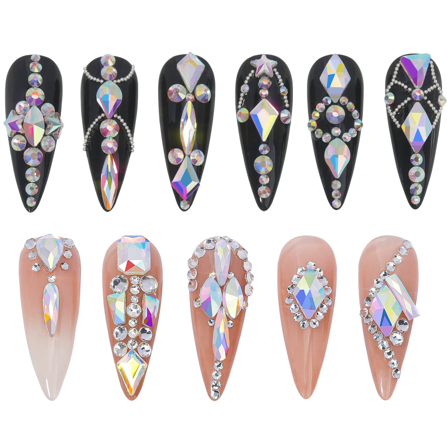 HNUIX Nail Rhinestones - 3D Multi Shape Size, AB Crystal Nail Gems and Charms, Flat Back, with Kit, for Nail Art, DIY Decorations-Velvo Beauty