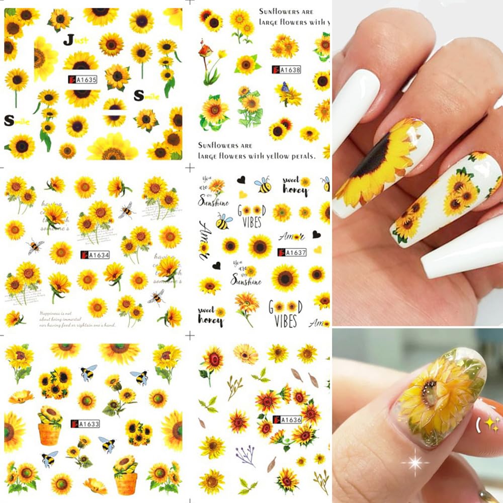 Sunflower Nail Stickers Decals Spring Summer Nail Art Water Transfer Floral Butterfly Honeybee Yellow Flower Supplies Cute Accessories for Women Girls 12Pcs-Velvo Beauty