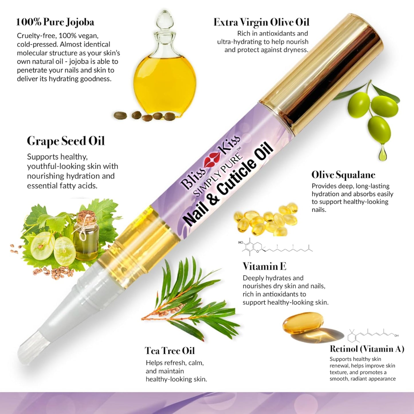 Bliss Kiss | 1 Lavender Vanilla | Nail Oil Cuticle Pen w/Vitamin E & Jojoba⏤Nail Strengthener Nail Growth Serum for Brittle Peeling Breaking Thin Nails-Velvo Beauty