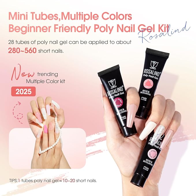 ROSALIND 28 Colors Poly Nail Gel Kit with Mini U V/LED Lamp White Nude Poly Nails Gel Kit Starter Kits With Slip Solution Pink Extensions Set for Nail Manicure Beginner-Velvo Beauty