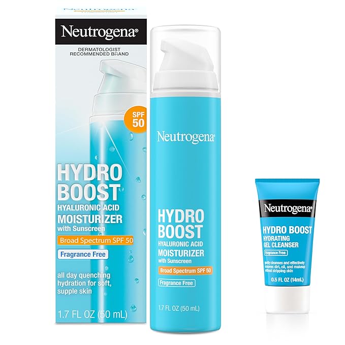 Neutrogena Hydro Boost Hyaluronic Acid Hydrating Face Moisturizer With SPF 50, Fragrance Free Facial Moisturizer, 1.7 fl. oz, & Trial Size Hydro Boost Facial Cleanser, 0.5 fl. oz-Velvo Beauty