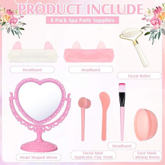 8 Set Spa Party Supplies for Girls Including 8 Heart Shaped Stand Mirrors 8 Jade Roller for Face 8 Face Brushes Kit 8 Face Mask Mixing Bowl 8 Headband for Sleepover Birthday Party Favors-Velvo Beauty