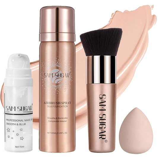 AirBrush Foundation Spray Set, Spray Foundation Makeup and Hydrating Face Primer Kit, Longwear Waterproof Liquid Matte Foundation Mist for Flawless Look, Brush and Sponge Include (#2 Natural)-Velvo Beauty