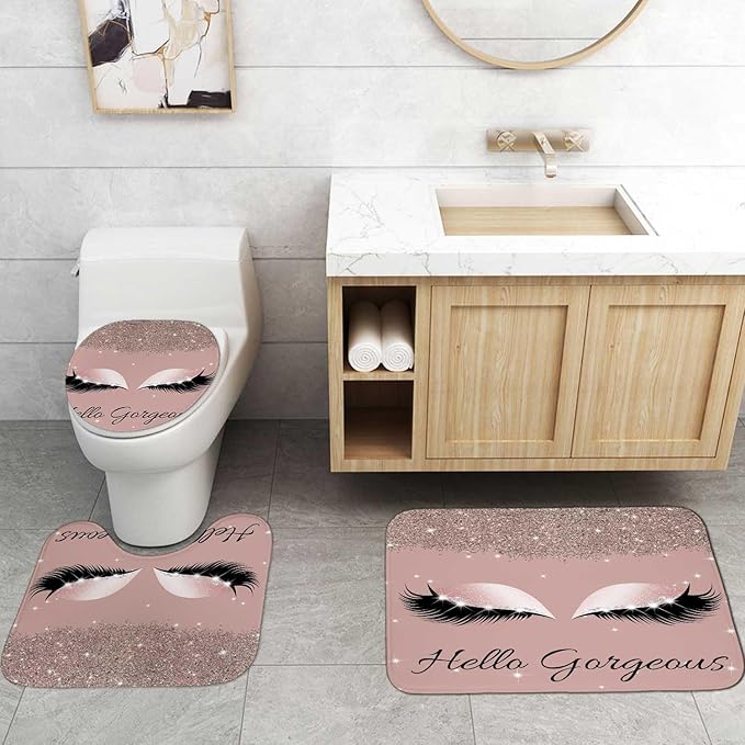 4PCS Hello Gorgeous Shower Curtain Sets with Rugs, Rose Gold Glitter Bling Glam Makeup Diamond Unicorn Eyelash Bathroom Decor, Waterproof Fabric Pink Shower Curtain Girly Gifts for Girls Women-Velvo Beauty