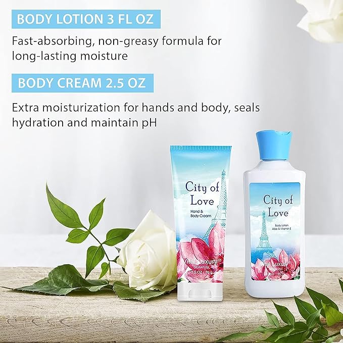 Bath & Body Kit - Body Lotion, Shower Gel, Body Cream, and Fragrance Mist, 3 Fl Oz each, in City of Love, Ideal Skincare Gift Home Spa Set for luxurious indulgence-Velvo Beauty