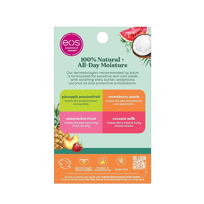 eos 100% Natural Variety Pack Lip Balm Sticks, Coconut Milk, Watermelon Frose, Pineapple Passionfruit, & Strawberry Peach, Lip Care, Pack of 4-Velvo Beauty