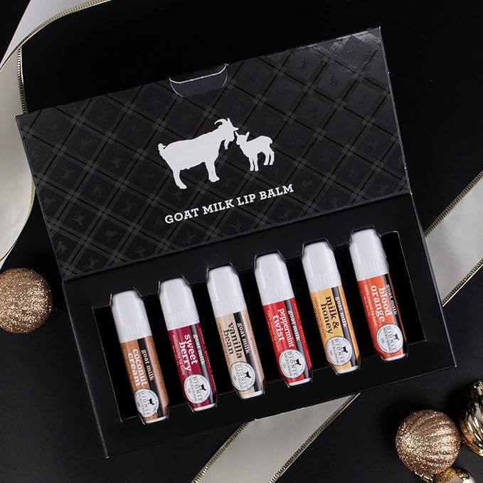Dionis Goat Milk Lip Balm Deluxe Gift Box Set of 6 Vanilla, Coconut, Milk & Honey, Berry, Peppermint & Blood Orange Scented Chapstick - Shea Butter & Coconut Oil Gifts For Her, Protect & Restore Lips-Velvo Beauty