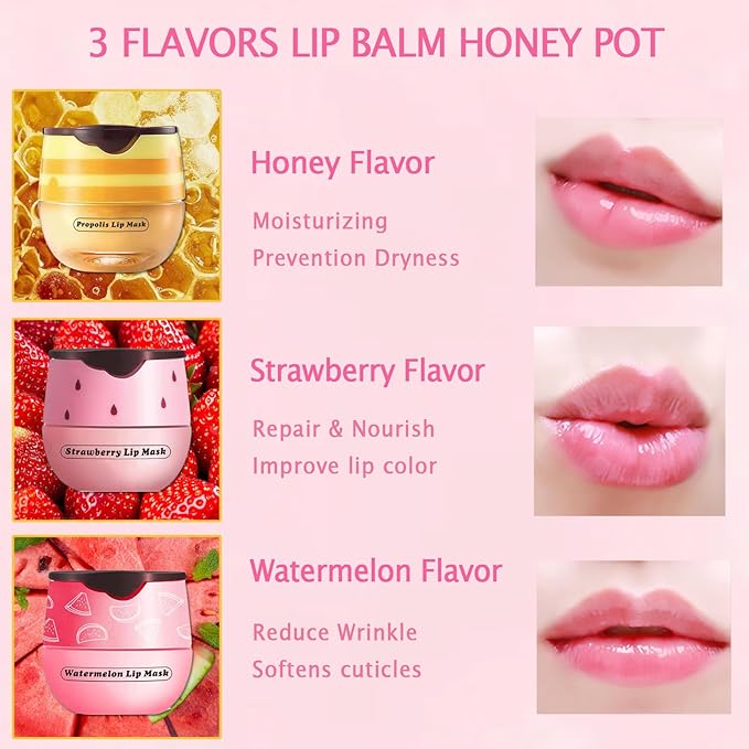 3 PCS Bee Lip Mask Honey Pot Lip Balm,Strawberry Watermelon Lip Mask Overnight Hydrating Dry and Crack Lip Scrubs Exfoliator Propolis Lip Sleeping Mask (Strawberry & Watermelon & Honey)-Velvo Beauty