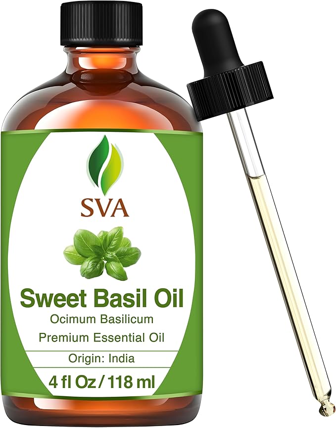 SVA Sweet Basil Essential Oil – 4 Fl Oz – 100% Natural Basil Oil - for Diffuser, Hair Care, Face, Skin Care, Aromatherapy, Scalp and Body Massage, Soap and Candle Making – with Dropper-Velvo Beauty