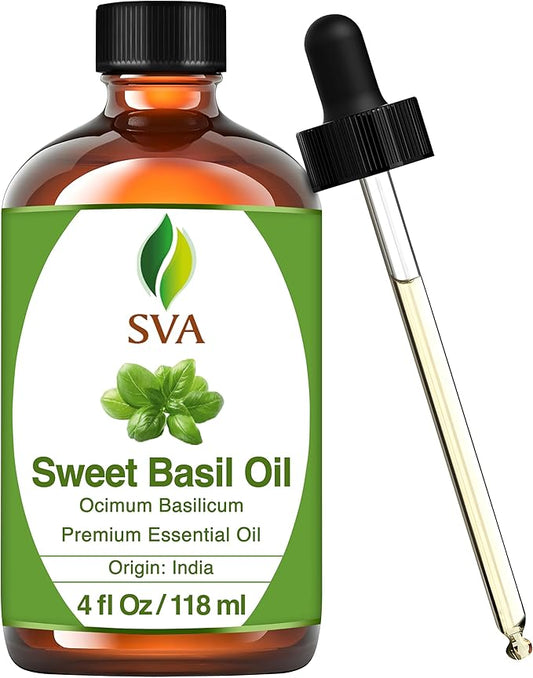 SVA Sweet Basil Essential Oil – 4 Fl Oz – 100% Natural Basil Oil - for Diffuser, Hair Care, Face, Skin Care, Aromatherapy, Scalp and Body Massage, Soap and Candle Making – with Dropper-Velvo Beauty
