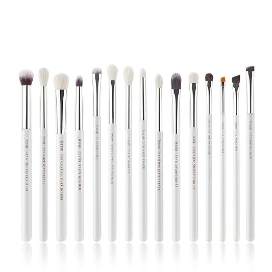 Jessup Small Eye Makeup Brush Set Professional 15pcs White/Silver Premium Natural-synthetic Eye Shadow Blending Concealer Eye & Brow Liner Brushes, T237-Velvo Beauty