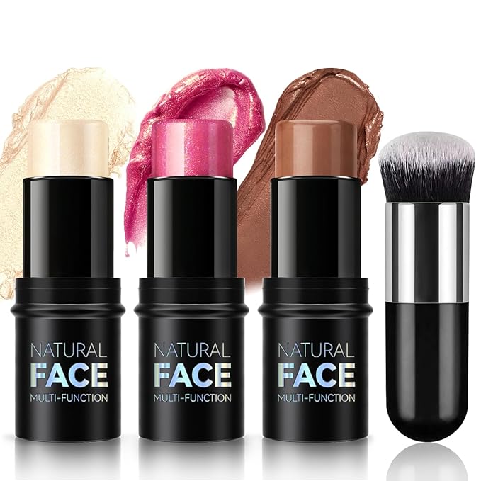 3Pcs Contour Highlighter Cream Blush Stick for Cheeks Eyes Lips Lightweight Dewy Finish Blush Stick Waterproof Long Lasting Contour Stick Trio Wand Face Makeup Set for Girls and Women (1+3+4)-Velvo Beauty
