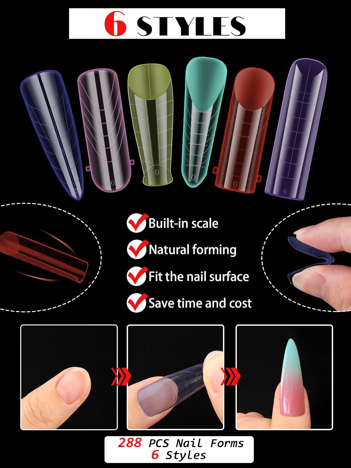 Dual Forms for Poly Gel Extension, 6 Colors Nail Form, 6 Styles Nail Forms for French Nails, 72PCS Duet System Dual Forms Sticker Silicone Pads for French Manicure Extension-12 Sizes, 144PCS-Velvo Beauty