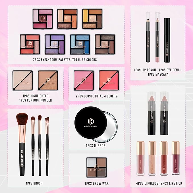 Color Nymph Starter Makeup Kit for Tweens Girls, Train Case for Women Full Kit with Eye Shadow, Lipstick, Blush, Brushes, Lipgloss, Mascara, Brow Wax and Mirror Pink Full Starter Cosmetics Set-Velvo Beauty