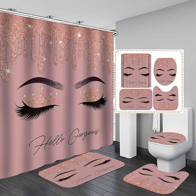 4PCS Hello Gorgeous Shower Curtain Set, Rose Gold Glitter Drip Bling Glam Diamond Crown Princess Unicorn Eyelash Girls Pink Bathroom Decor, Waterproof Fabric Shower Curtain Bath Mat Toilet Rug-Velvo Beauty