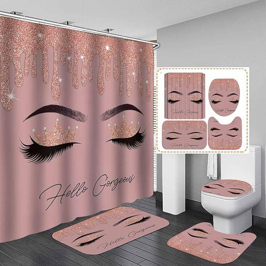 4PCS Hello Gorgeous Shower Curtain Set, Rose Gold Glitter Drip Bling Glam Diamond Crown Princess Unicorn Eyelash Girls Pink Bathroom Decor, Waterproof Fabric Shower Curtain Bath Mat Toilet Rug-Velvo Beauty