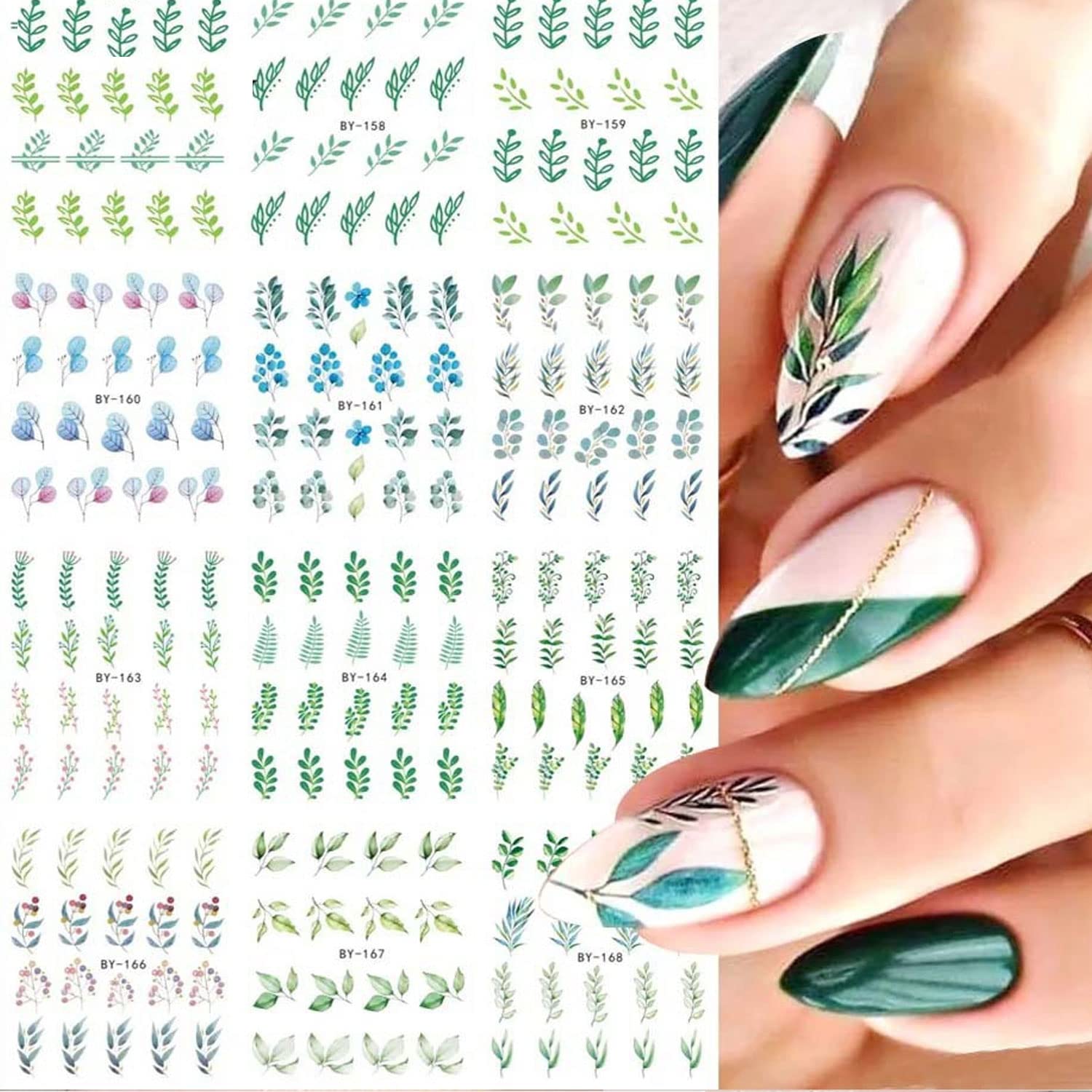 Summer Nail Art Sticker Water Transfer Decal Green Blue Floral Flower Design for Acrylic Nails - Manicure Supplies 12 Sheets (Green)-Velvo Beauty