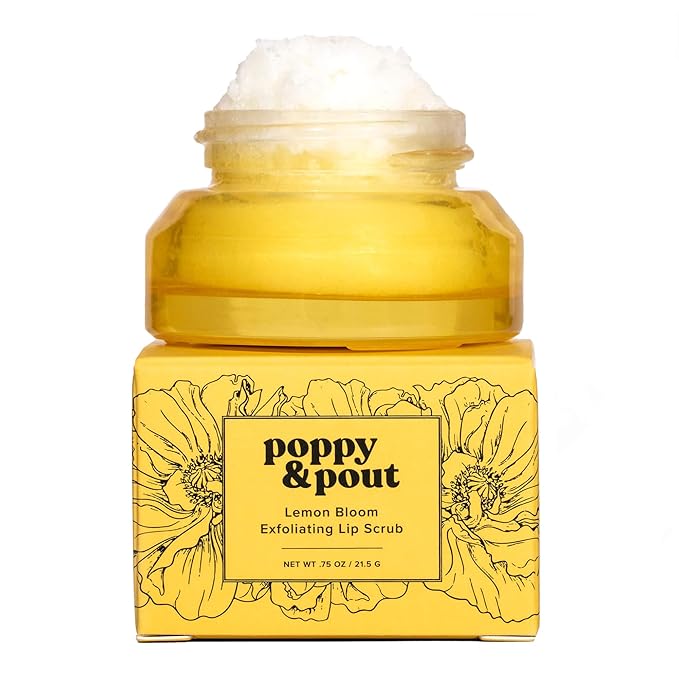 Poppy & Pout Natural Lip Scrub, Moisturizing Sugar Scrub for Dry Lips, Lip Scrubber Exfoliator with Essential Oils Smooths and Hydrates Lips, In Recyclable Glass Jars, Cruelty Free - Lemon Bloom-Velvo Beauty