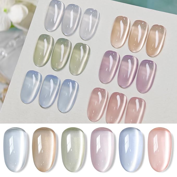 Born Pretty Magnetic Gel Nail Polish Water Light Magnetic Eye Gel Jelly Glass Crystal Glitter Shimmer Auroras Magnetic Gel Nail Art Manicure Kit 6PCS-Velvo Beauty
