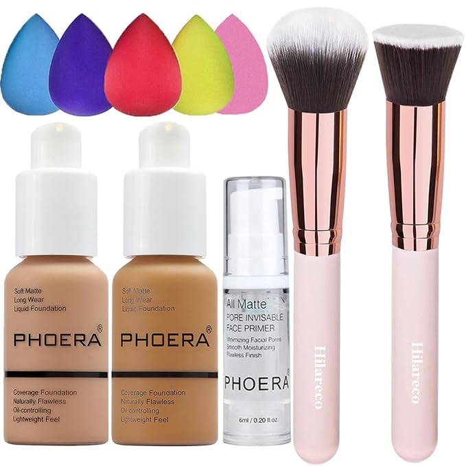 PHOERA Foundation Makeup for Wome Full Coverage Foundation Set,Face Primer Foundation Brush Powder Brush,5 Makeup Sponge,30ml PHOERA 24HR Matte Oil Control Concealer (105 Sand+111 Chestnut)-Velvo Beauty