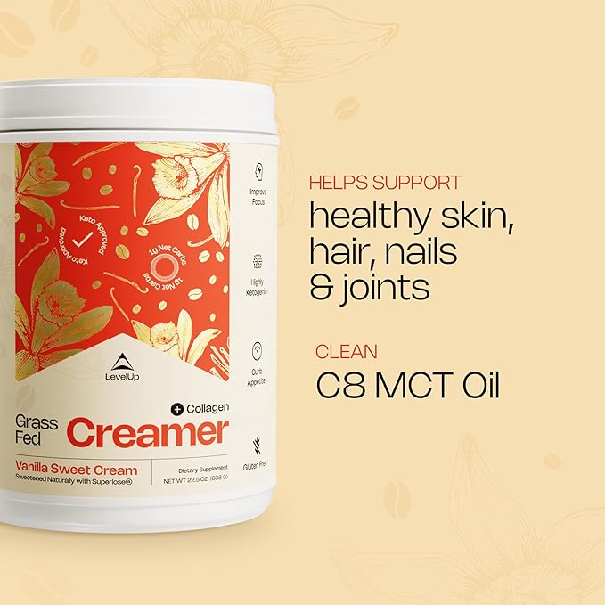 LevelUp Creamer, with Energizing MCT Oil and Collagen Peptides, Keto Coffee Creamer, Supports Natural Energy & Ketone Production - Vanilla Sweet Cream, 22.5 oz-Velvo Beauty