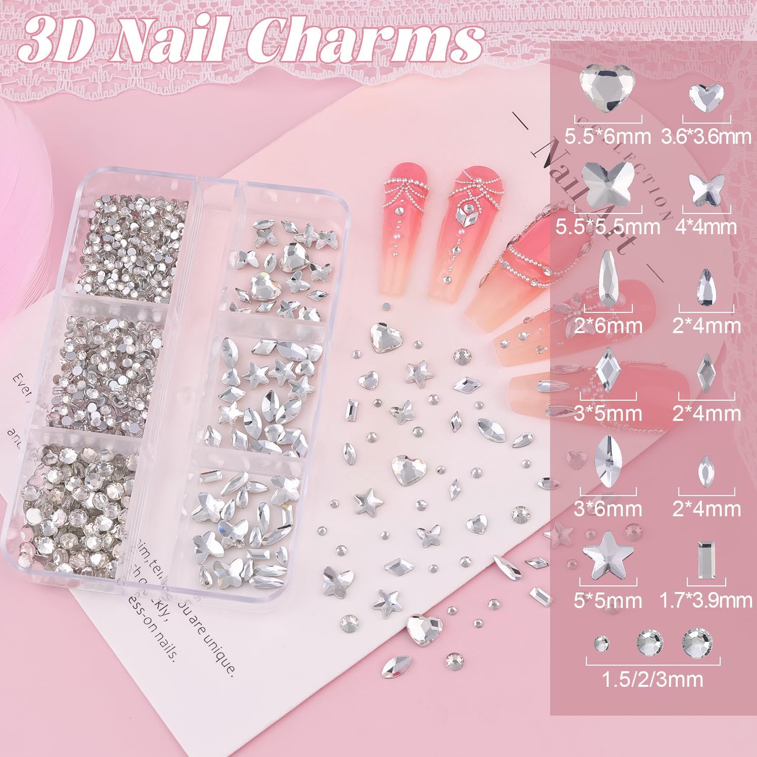 Flatback Pearls (White) and Metal Nail Beads and Glass Rhinestones with Rhinestones Glue Gel for Nail Art, Pearl Nail Charms and Round Caviar Beads Multi Shapes Crystals Gems for Manicure Decor-Velvo Beauty